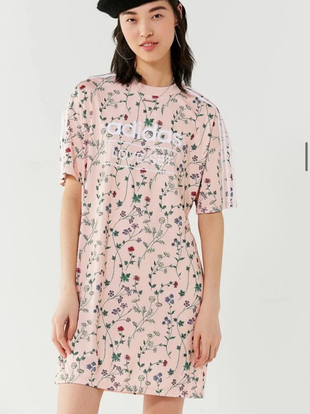 adidas Pink Floral Logo Tee Dress with White Branding